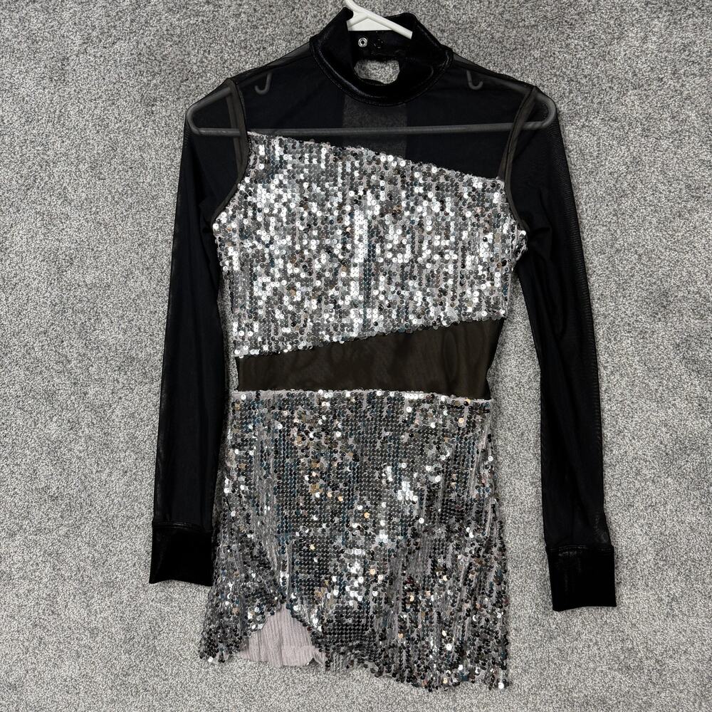 Sequin Bodycon Mini Dress Womens XS Silver Black Mesh Dance Indie Sleaze Y2K
